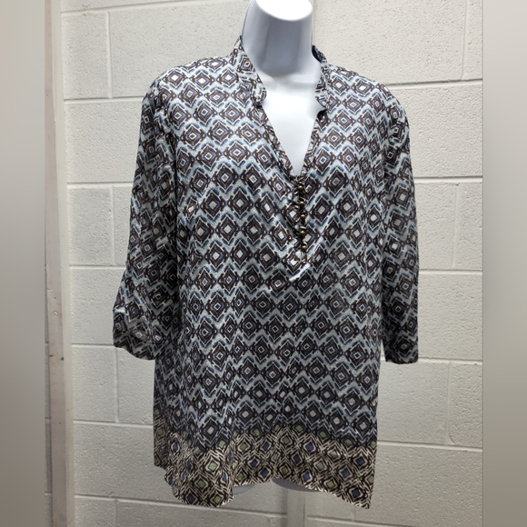 Liz & Co Women Blouse Pretty Shades of Blue Brown and Green - Picture 1 of 10
